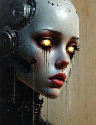 The primary subject of the image is a woman with a robotic face, featuring a mix of human and mechanical elements. She has a robotic head with a human face, and her eyes are glowing with a yellow light. The setting is a dark room, and the visual style is a combination of digital art and illustration. The colors and mood of the image are dramatic and intense, with the woman's glowing eyes and the contrast between her human and robotic features creating a striking and captivating scene
